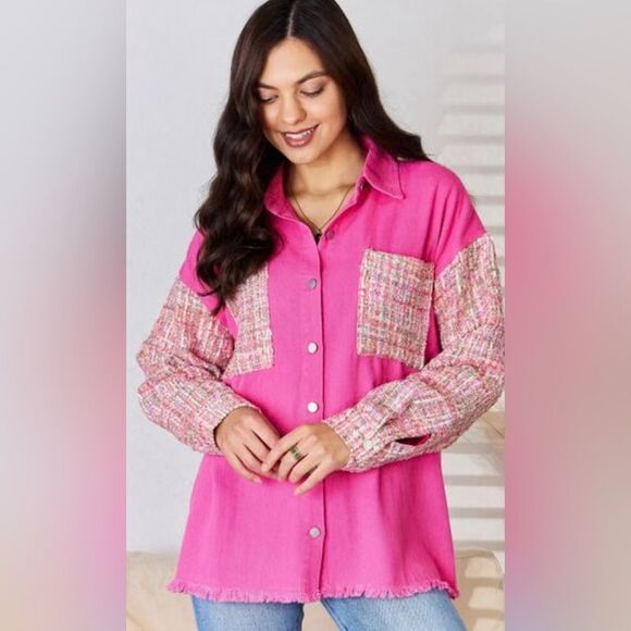 EUC And The Why Pink Tweed Raw Hem Drop Shoulder Denim Shacket Jacket - Size 8 - Picture 7 of 10